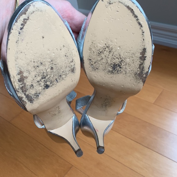 Dressy Silver Slingback SStrappy Dress Shoe 3” Heels Leather Sole Women size 8 - Picture 12 of 14